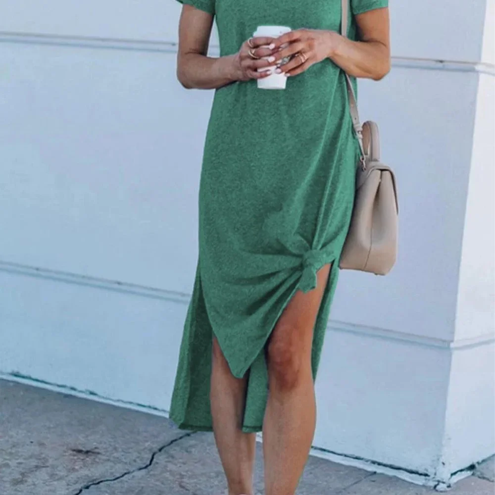 Green Casual Short Sleeve T-shirt Midi Dress with High Splits - Picture 2 of 14